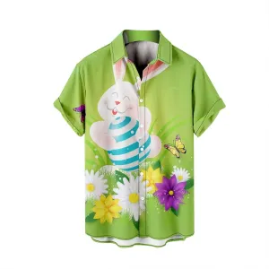 Men's Easter Hawaiian Shirt - Green, Yellow - Short Sleeve - Bunny Print - Polyester - One Size (Large) - Adult
