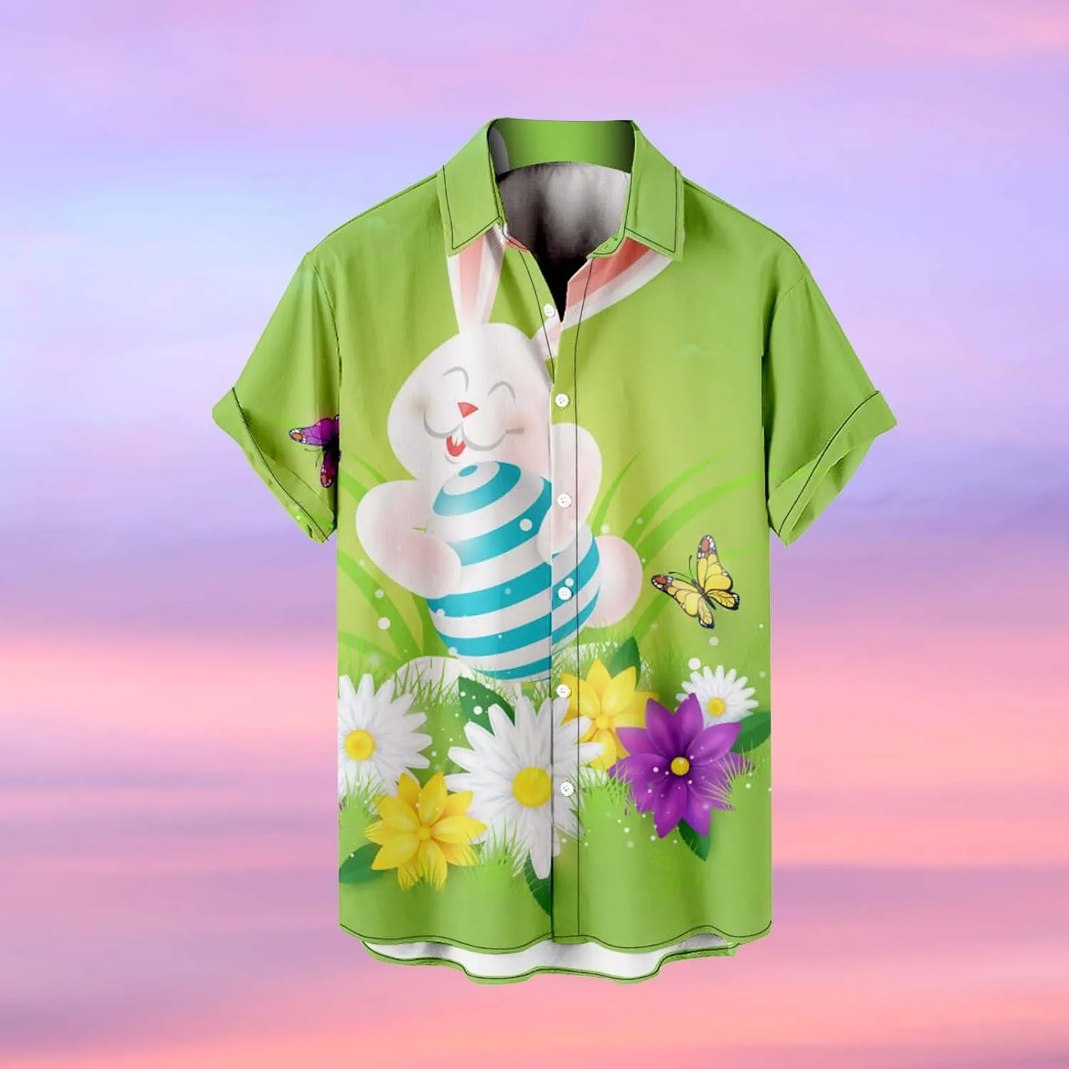 Men's Easter Hawaiian Shirt - Green, Yellow - Short Sleeve - Bunny Print - Polyester - One Size (Large) - Adult