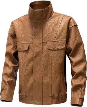 Mens Faux Leather Jacket Winter Warm Fleece Lined Fashion Motorcycle Jackets Coat Full Zip Buttons Stand Collar Coats
