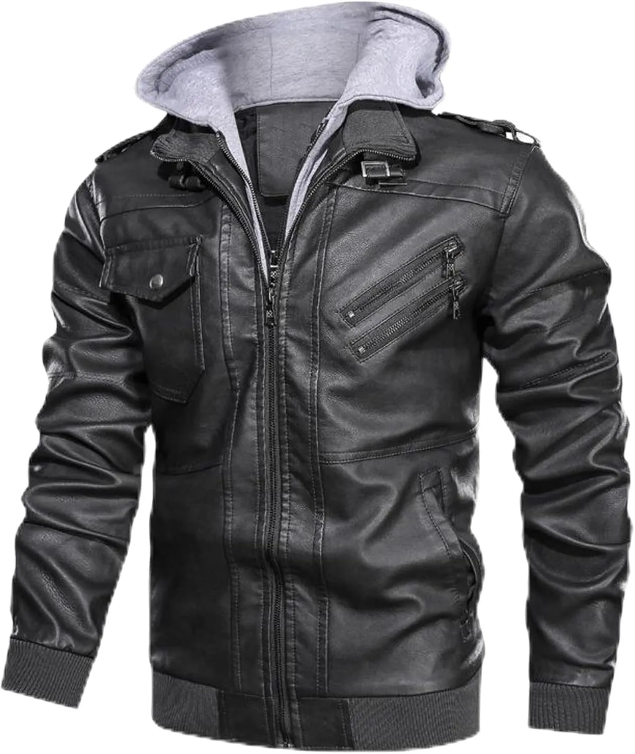 Men's Faux Leather Jacket with Hood Classic Moto Biker Coat Slim Fit Casual Zip-Up Outerwear