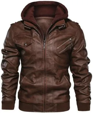 Men's Faux Leather Jacket with Hood Classic Moto Biker Coat Slim Fit Casual Zip-Up Outerwear