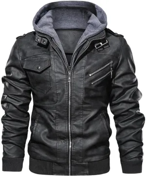 Men's Faux Leather Jacket with Hood Classic Moto Biker Coat Slim Fit Casual Zip-Up Outerwear