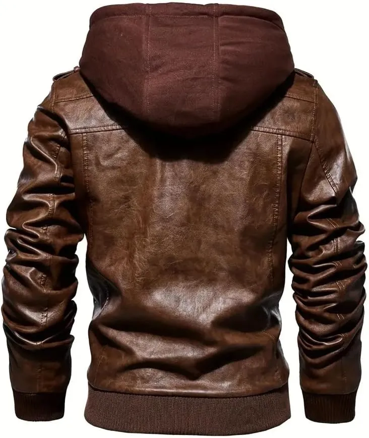 Men's Faux Leather Jacket with Hood Classic Moto Biker Coat Slim Fit Casual Zip-Up Outerwear