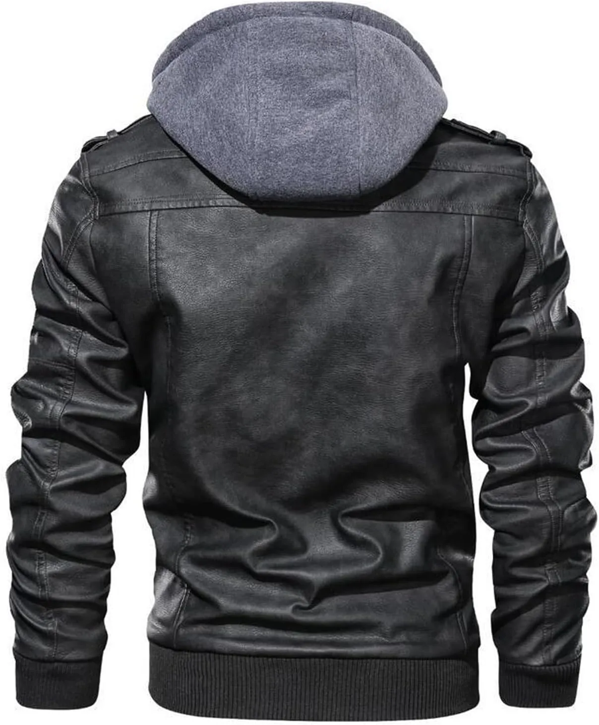 Men's Faux Leather Jacket with Hood Classic Moto Biker Coat Slim Fit Casual Zip-Up Outerwear