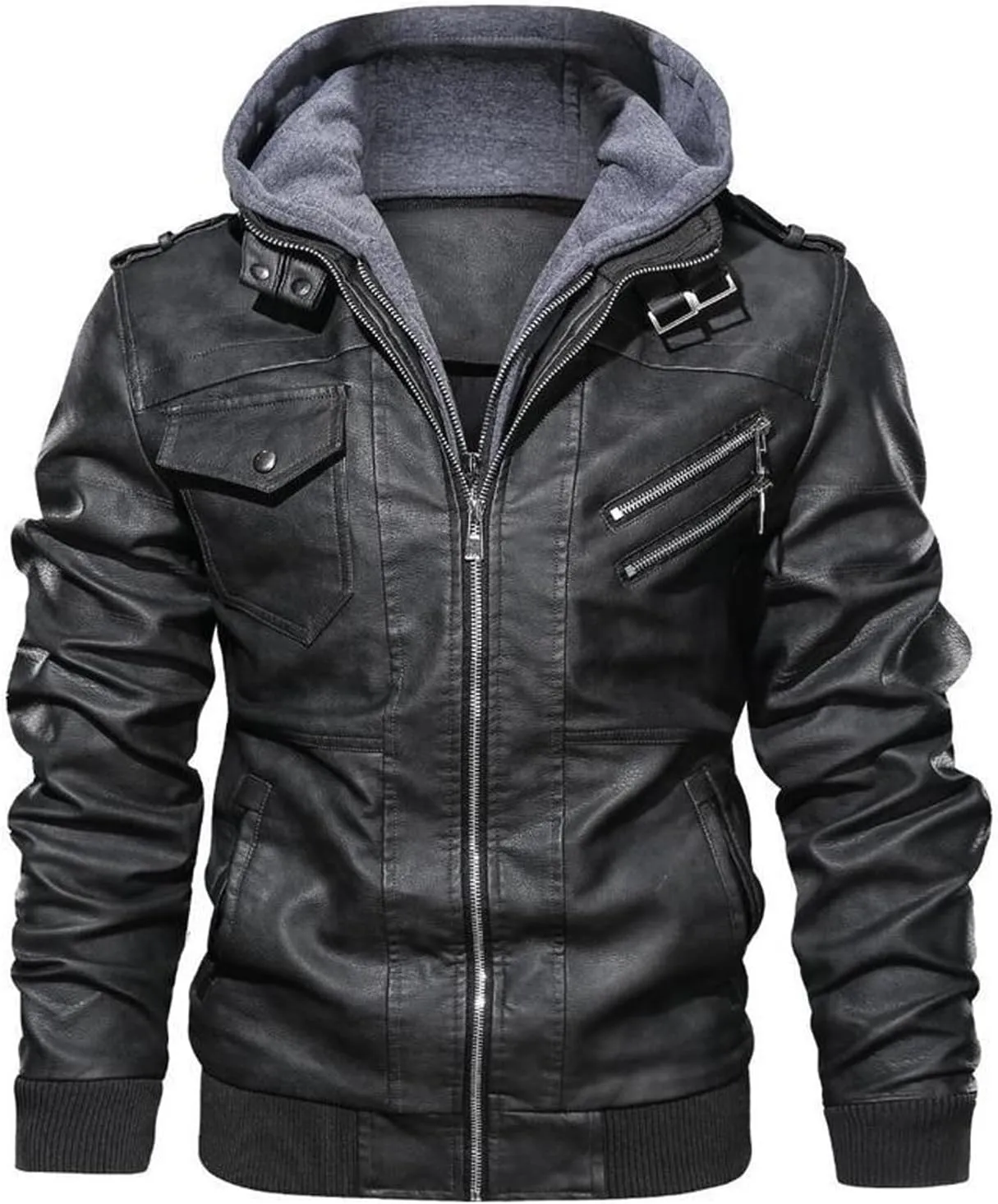 Men's Faux Leather Jacket with Hood Classic Moto Biker Coat Slim Fit Casual Zip-Up Outerwear