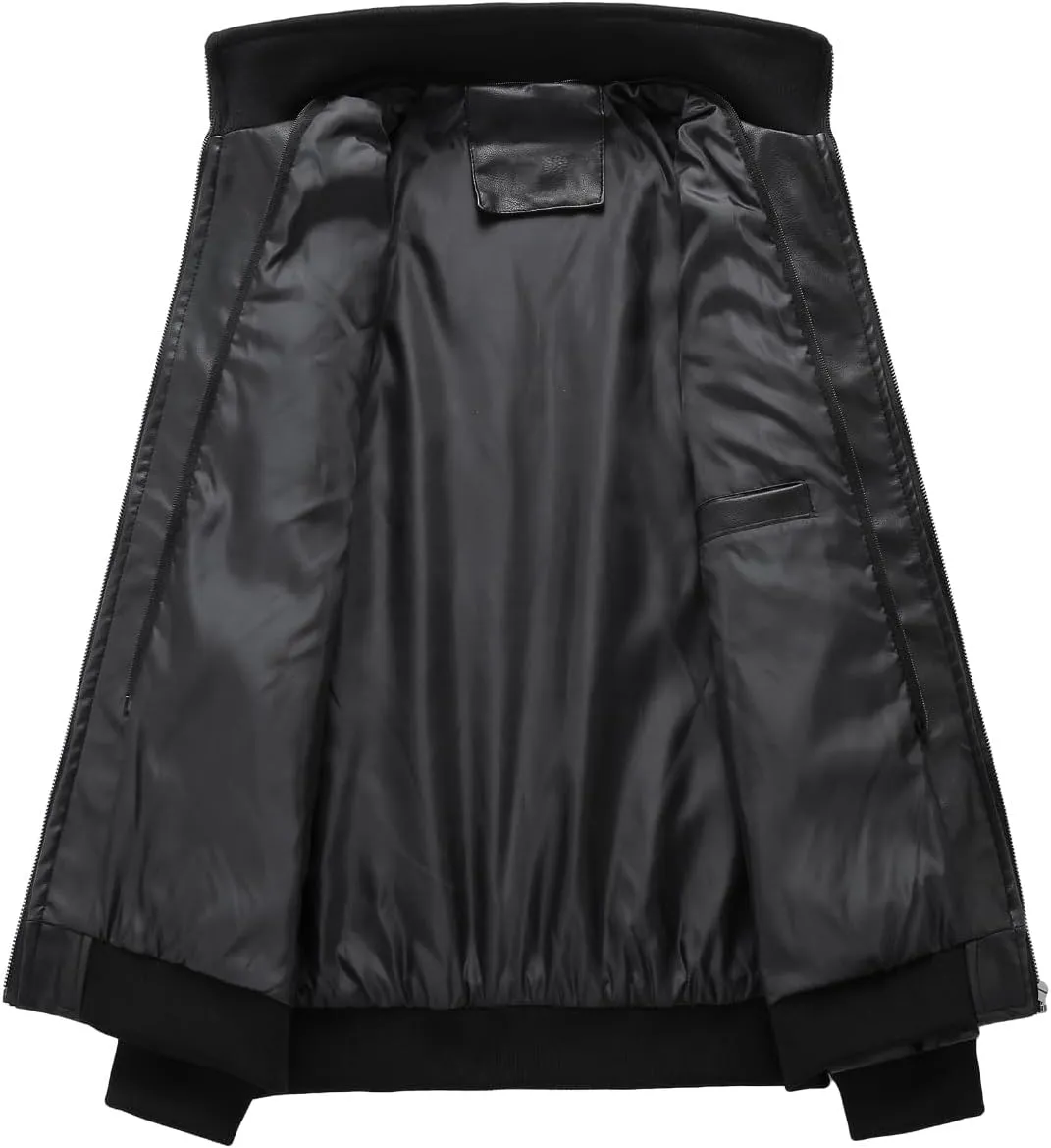 Men's Faux Leather Jacket with Hood Classic Moto Biker Coat Slim Fit Casual Zip-Up Outerwear