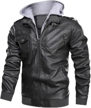 Men's Faux Leather Jacket with Hood Classic Moto Biker Coat Slim Fit Casual Zip-Up Outerwear
