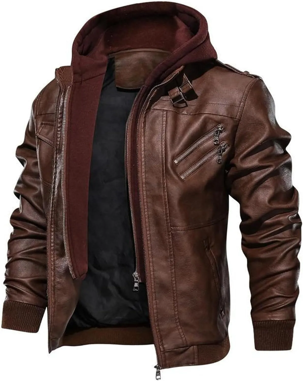 Men's Faux Leather Jacket with Hood Classic Moto Biker Coat Slim Fit Casual Zip-Up Outerwear