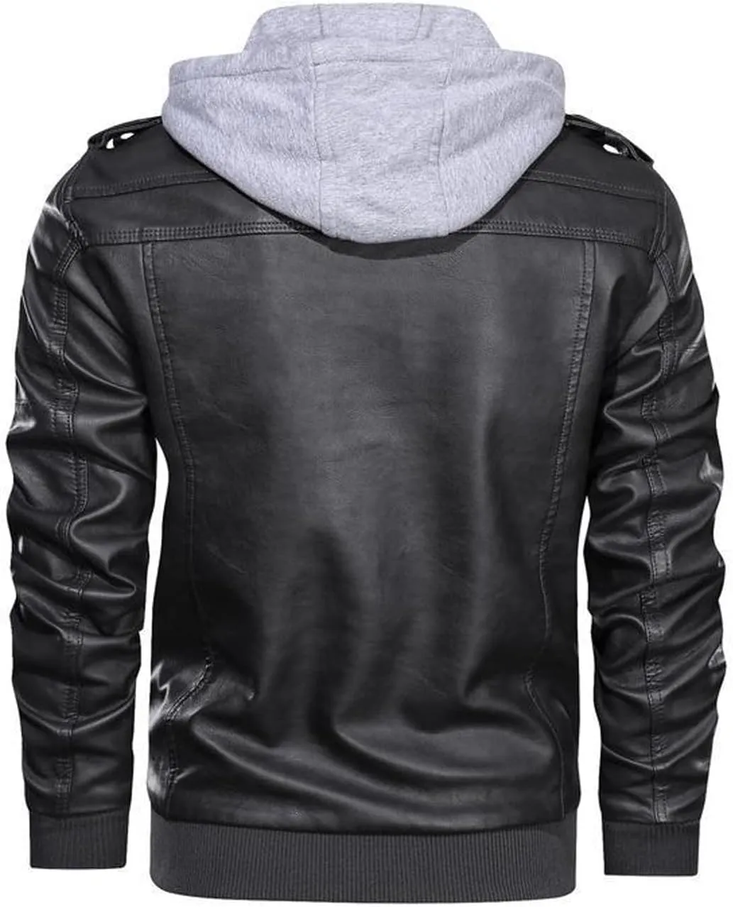 Men's Faux Leather Jacket with Hood Classic Moto Biker Coat Slim Fit Casual Zip-Up Outerwear