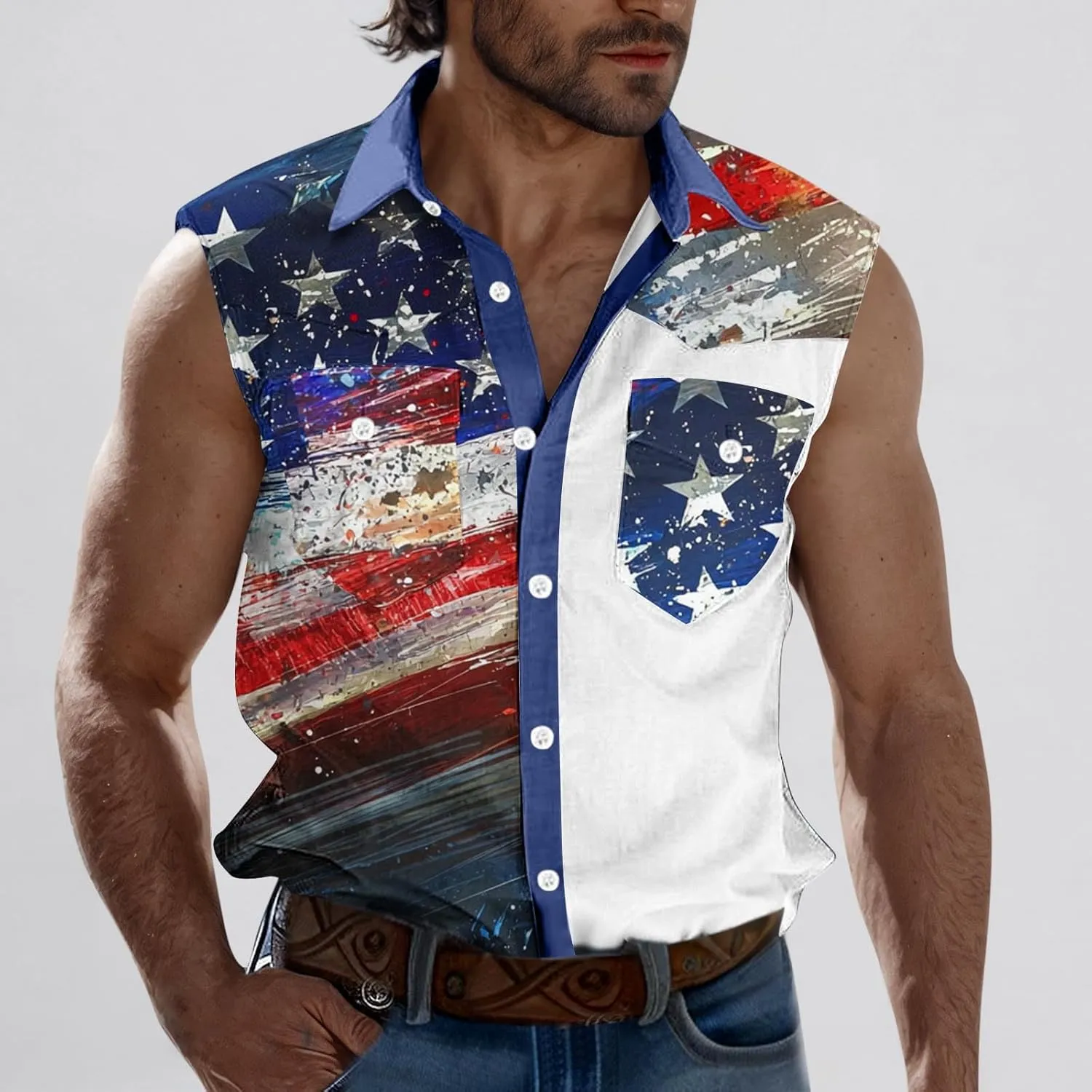 Men's Independence Day Tank Tops Summer Fashion American Flag Print Lapel Button Down Sleeveless Shirts