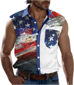 Men's Independence Day Tank Tops Summer Fashion American Flag Print Lapel Button Down Sleeveless Shirts