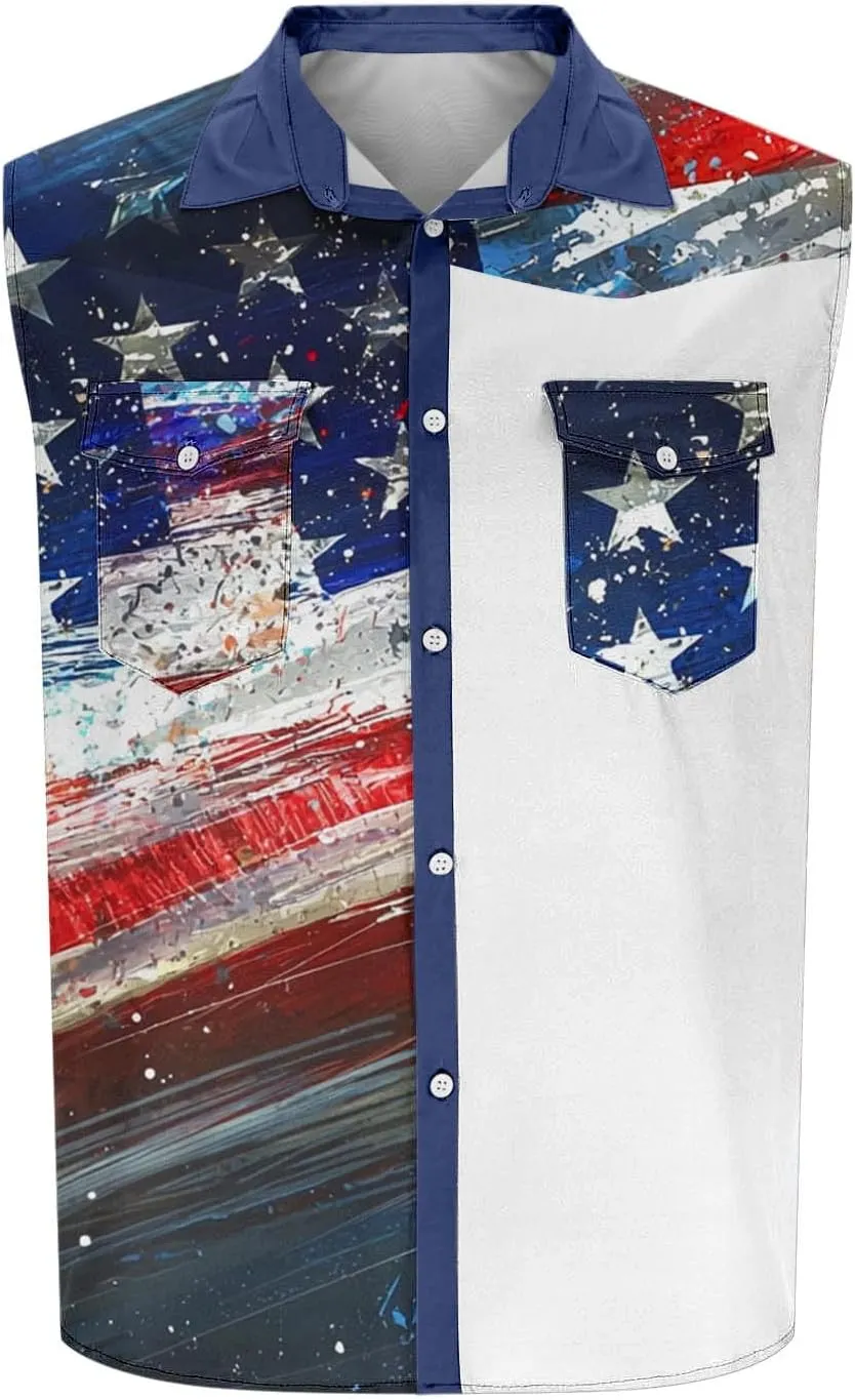 Men's Independence Day Tank Tops Summer Fashion American Flag Print Lapel Button Down Sleeveless Shirts