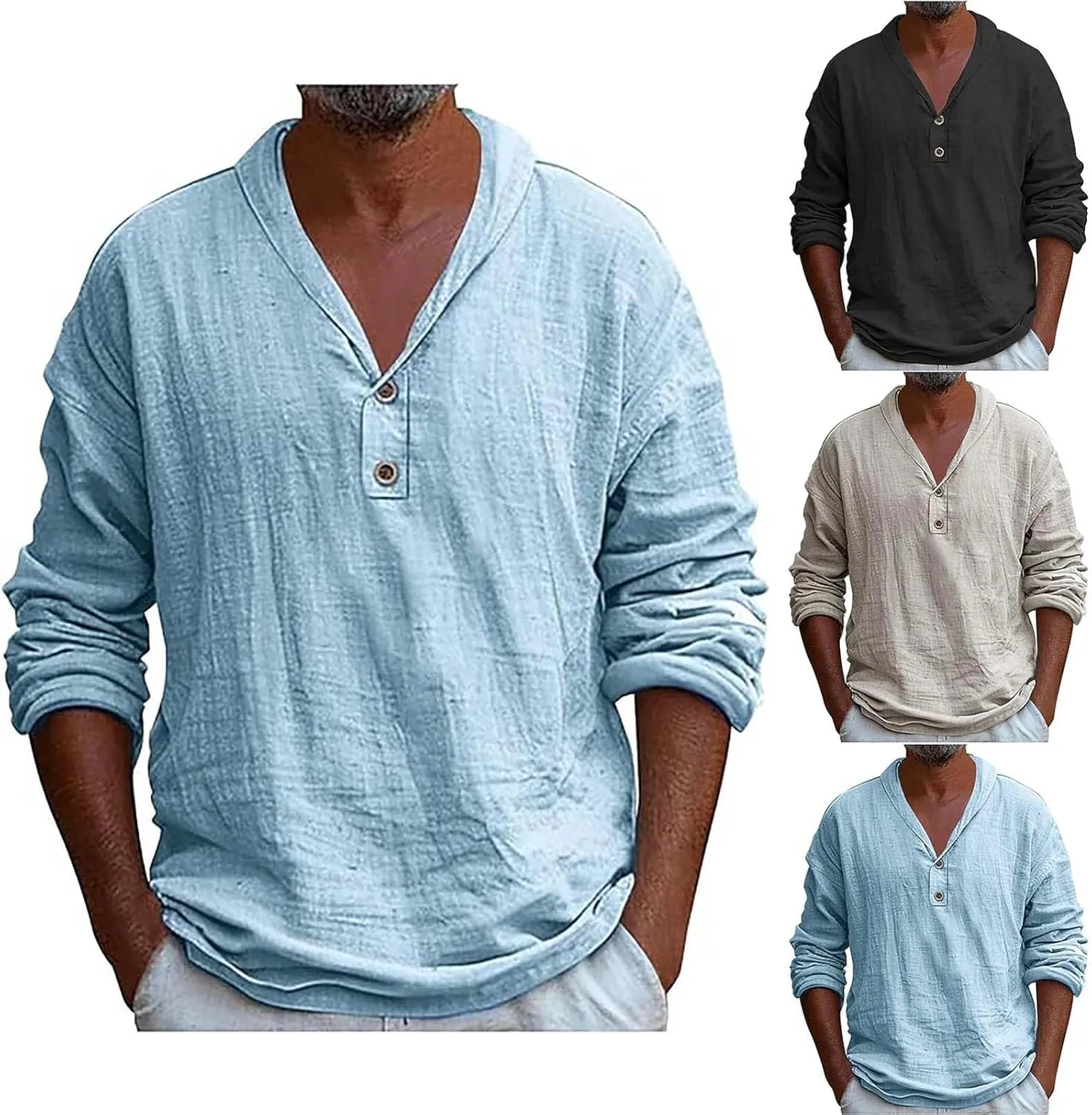 Mens Linen Shirts Henley Roll-up Long Sleeve Casual V Neck T-Shirt Loose-Fit Lightweight Beach Yoga Tunic Tops
