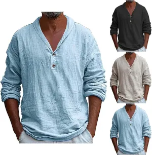 Mens Linen Shirts Henley Roll-up Long Sleeve Casual V Neck T-Shirt Loose-Fit Lightweight Beach Yoga Tunic Tops