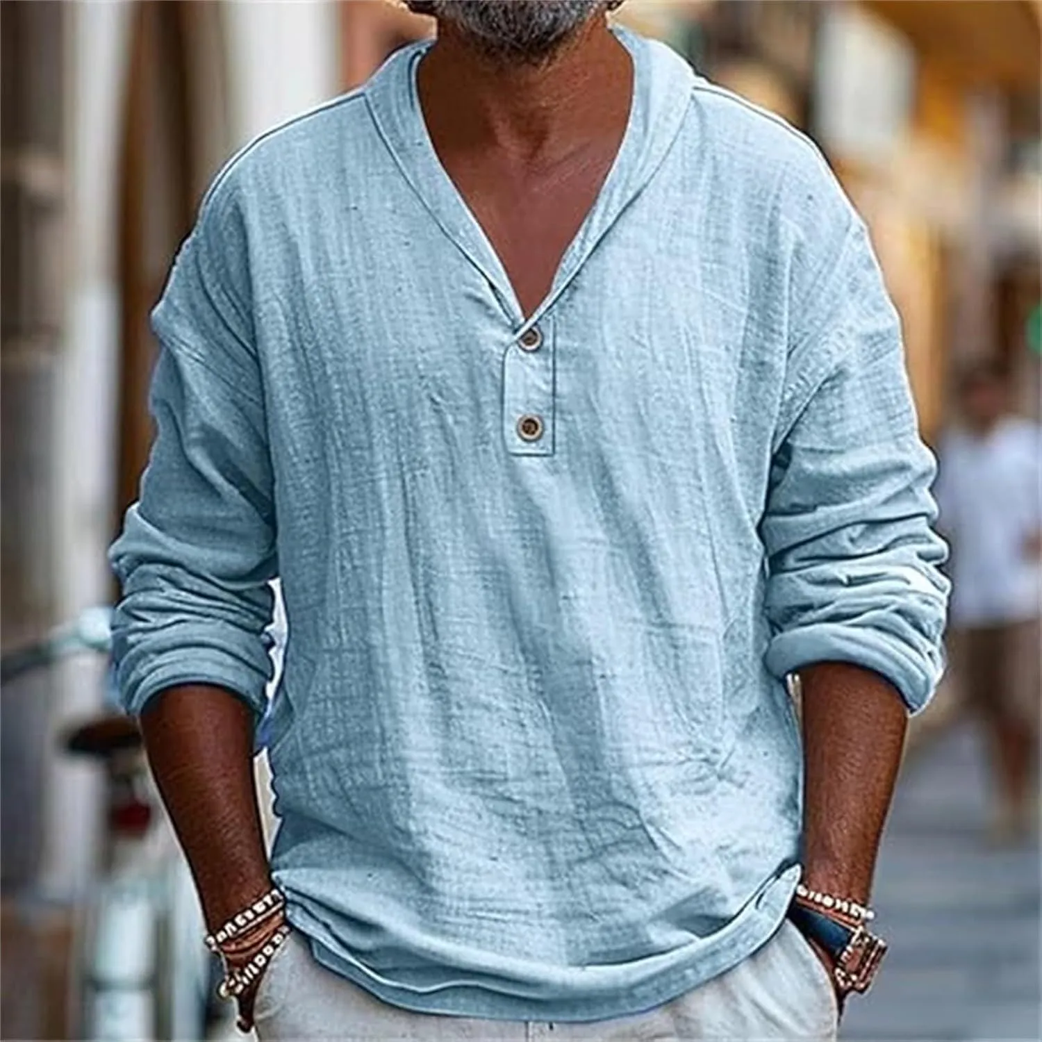 Mens Linen Shirts Henley Roll-up Long Sleeve Casual V Neck T-Shirt Loose-Fit Lightweight Beach Yoga Tunic Tops