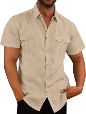 Mens Linen Shirts Short Sleeve Button Down Casual Fishing Shirt Business Dress Clothing Cuban Camp Shirts Summer Tops