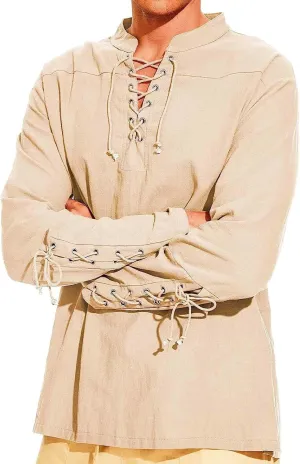 Mens Long Sleeve Linen Shirts Retro Style Lace Up Pirat Shirts Steampunk Medieval Renaissance Viking Shirts Costume