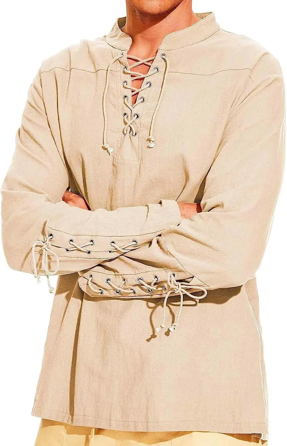 Mens Long Sleeve Linen Shirts Retro Style Lace Up Pirat Shirts Steampunk Medieval Renaissance Viking Shirts Costume
