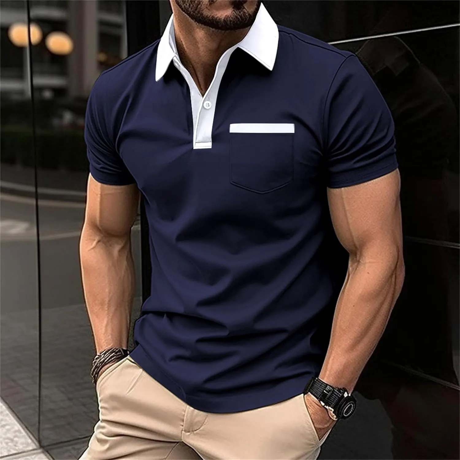 Men's Polo Shirts Short Sleeve T Shirts Slim Fit Business Casual Shirt Button Down Classic Golf Shirts for Men
