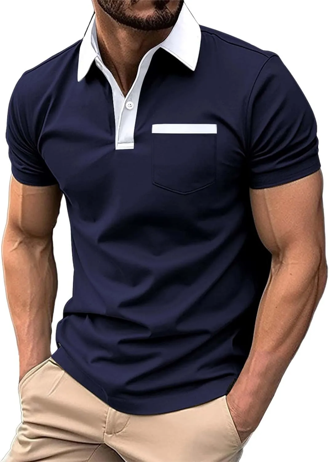 Men's Polo Shirts Short Sleeve T Shirts Slim Fit Business Casual Shirt Button Down Classic Golf Shirts for Men