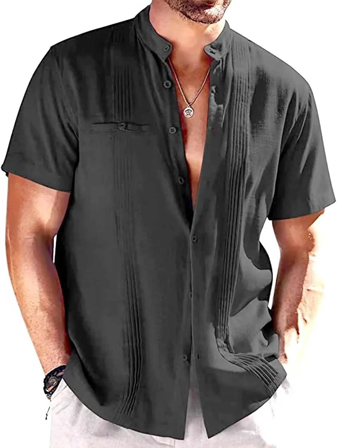 Mens Shirt Cotton Linen Short Sleeve Button Down T Shirts Casual Summer Loose Beach Vacation Shirts Textured Shirts
