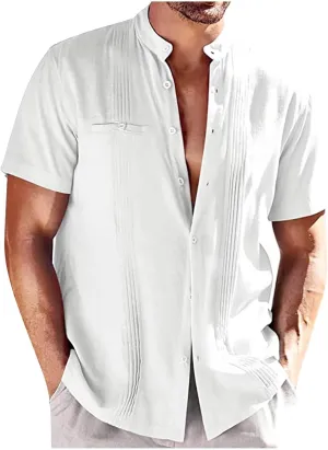 Mens Shirt Cotton Linen Short Sleeve Button Down T Shirts Casual Summer Loose Beach Vacation Shirts Textured Shirts