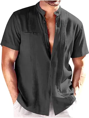 Mens Shirt Cotton Linen Short Sleeve Button Down T Shirts Casual Summer Loose Beach Vacation Shirts Textured Shirts