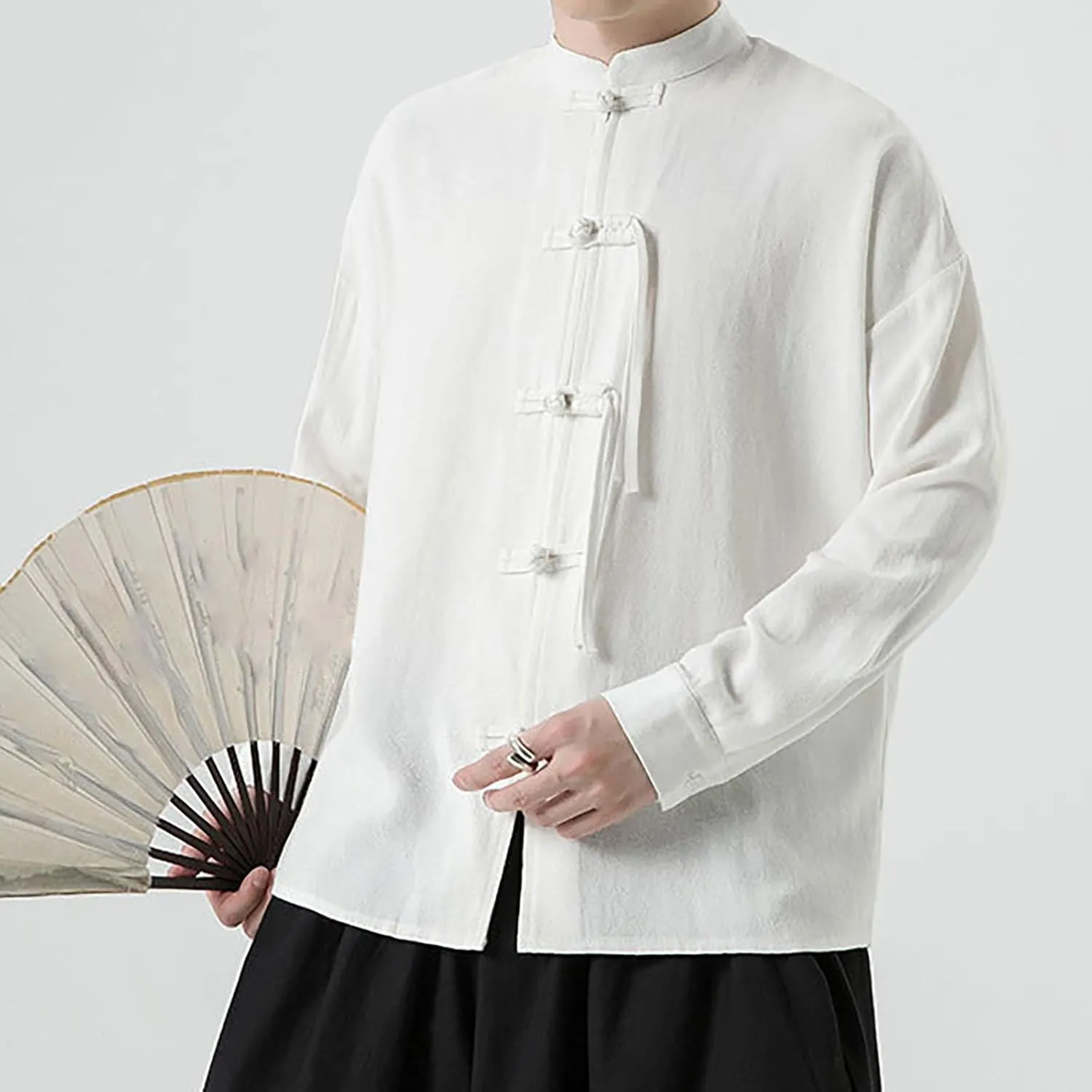 Men's Shirt Tang Suit Shirt Long Sleeve Traditional Kung Fu Uniform Chinese Frog Buttons Lightweight Jacket Summer