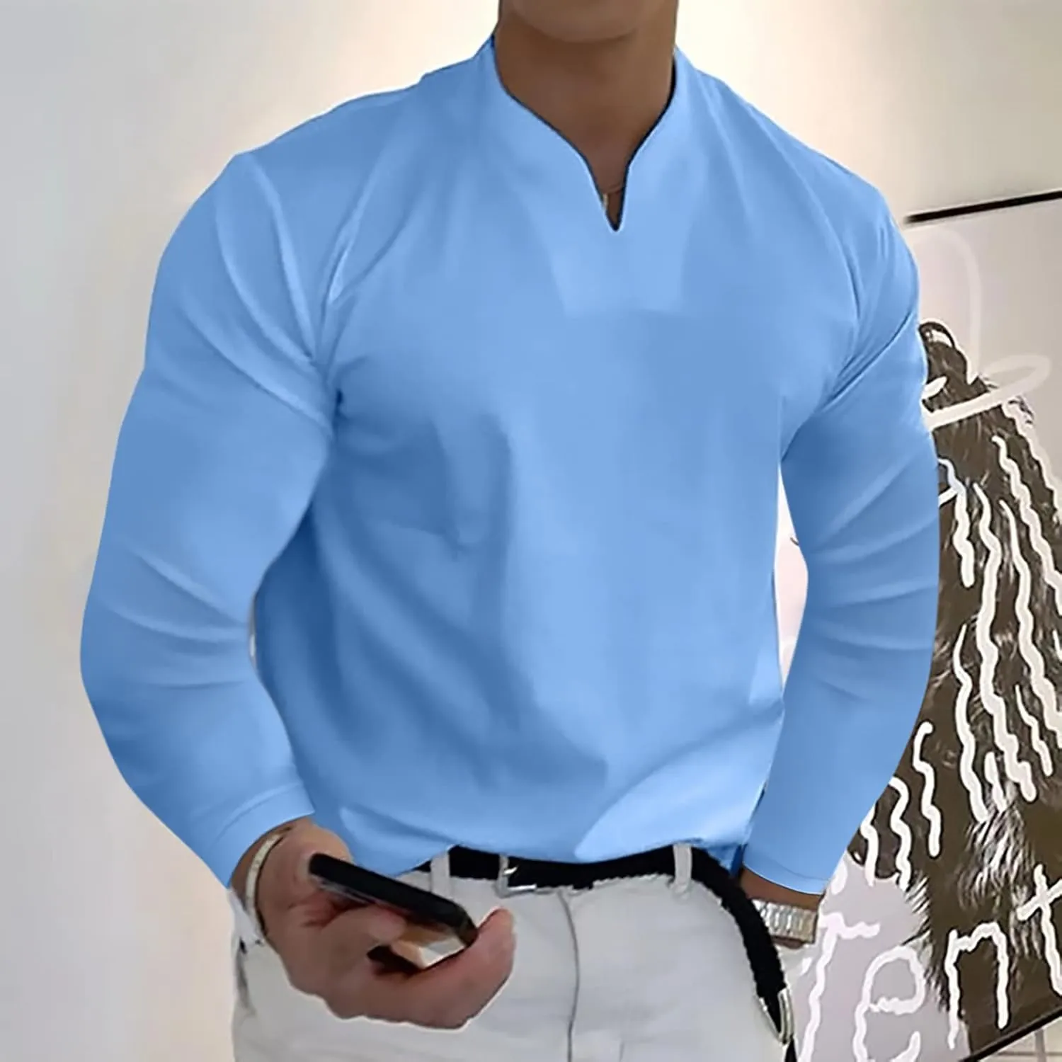 Mens Shirts Long Sleeve,Solid Color V-Neck Dress Shirts for Men Gentleman's Business T-Shirt Regular Fit Tops Tee