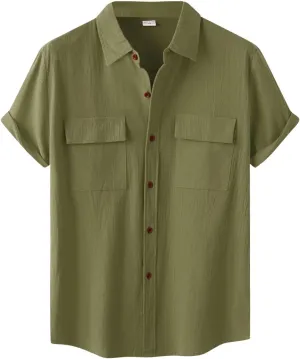 Mens Short Sleeve Button Down Shirts Lounge Summer Vacation Beach Shirts with Pockets Camp Yoga Linen Shirt for Men