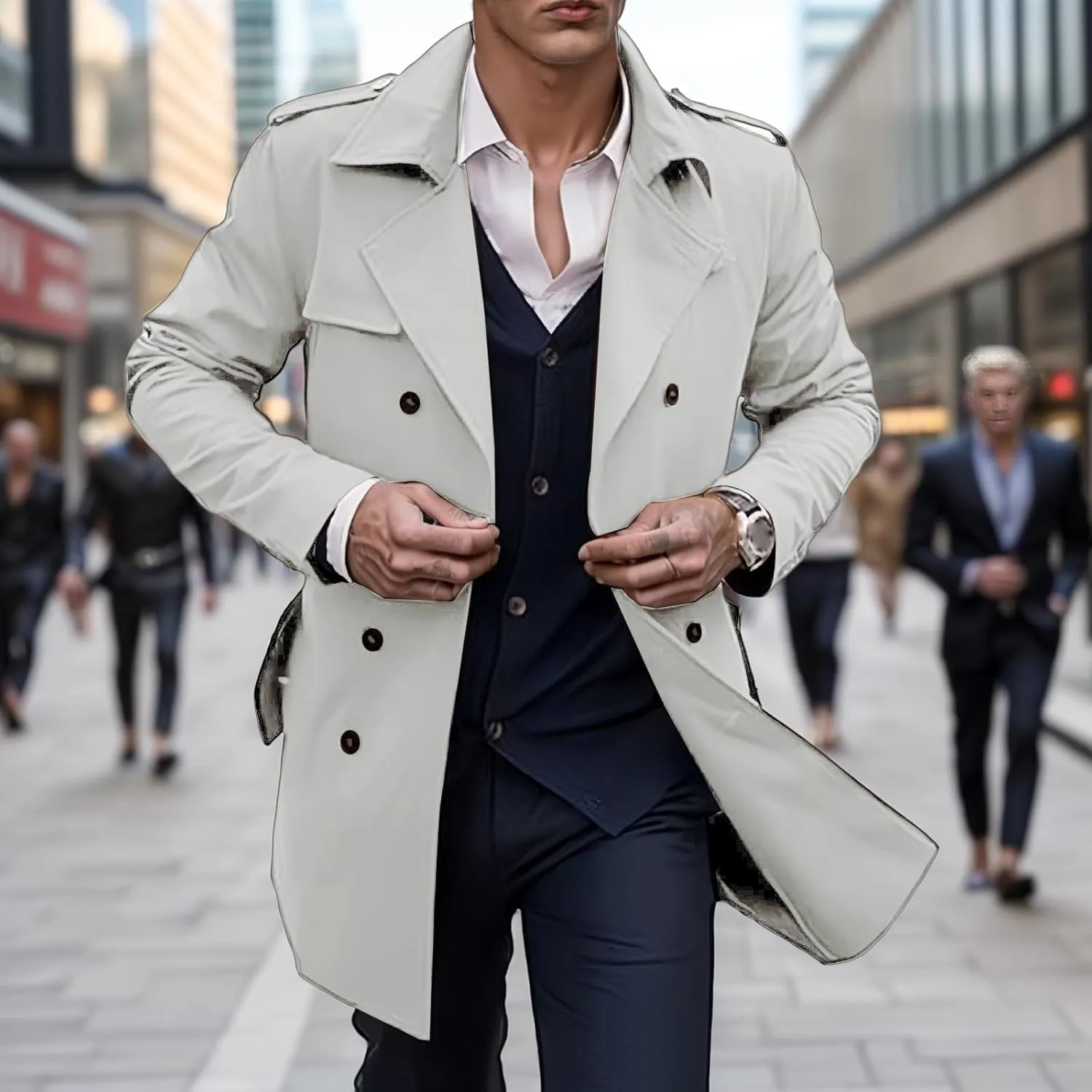 Men's Slim fit Trench Coat Double Breasted Lapel Long Jacket Windbreaker Casual Windproof Overcoat for Men