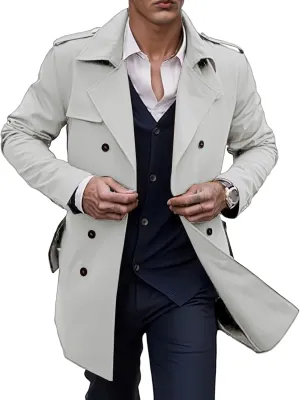 Men's Slim fit Trench Coat Double Breasted Lapel Long Jacket Windbreaker Casual Windproof Overcoat for Men