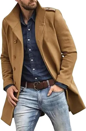Mens Slim Fit Trench Coat Fall Winter Single Breasted Pea Coat Notched Collar Warm Soft Overcoat for Men