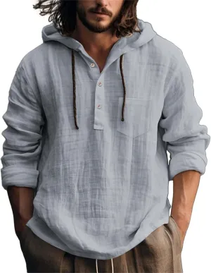 Mens Solid Color Long Sleeve Hooded Shirts Lightweight Quarter Button Hoodie Casual Hippie Cool Tops for Spring Fall