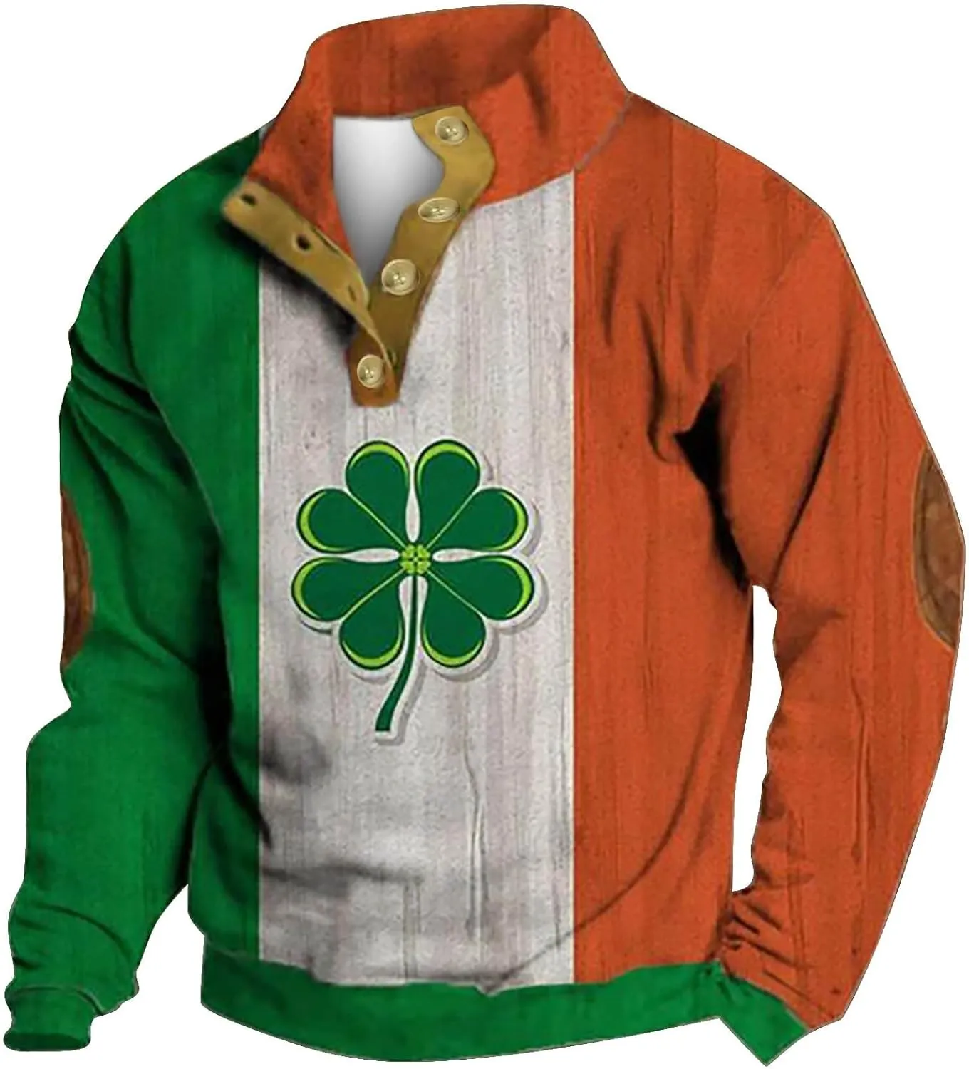 Mens St Patricks Day Sweatshirt Retro Shamrock Flag Print Stand Collar Long Sleeve Shirt Pullover Clothes