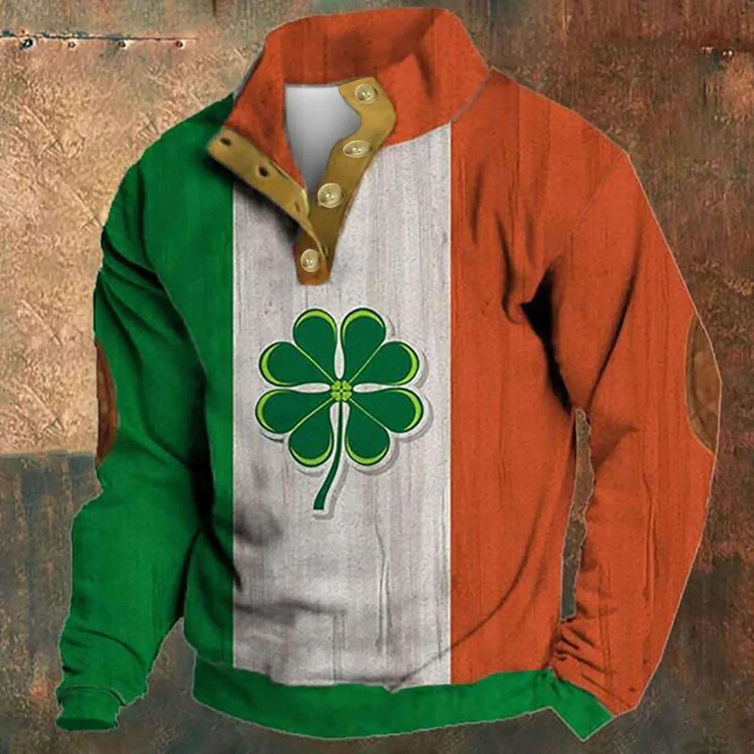 Mens St Patricks Day Sweatshirt Retro Shamrock Flag Print Stand Collar Long Sleeve Shirt Pullover Clothes