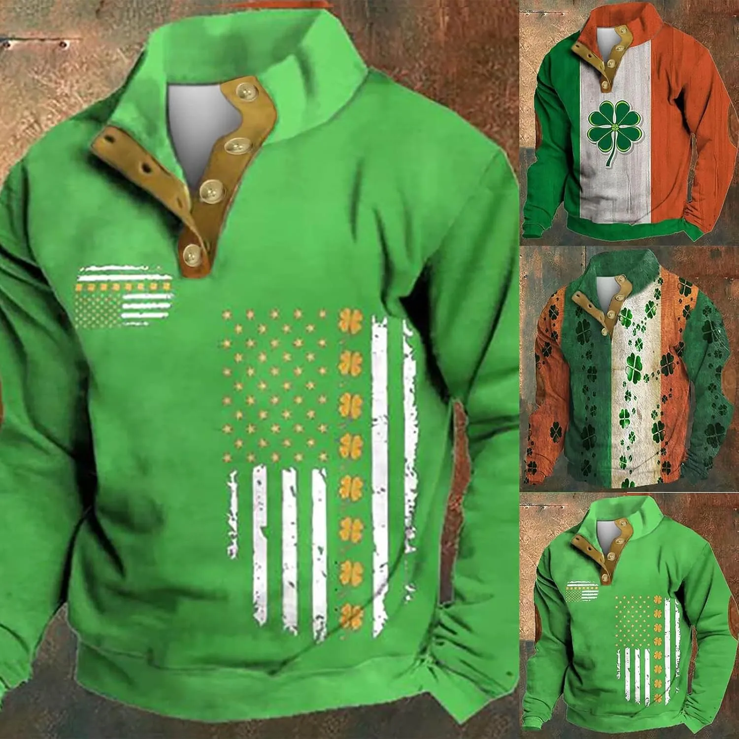 Mens St Patricks Day Sweatshirt Retro Shamrock Flag Print Stand Collar Long Sleeve Shirt Pullover Clothes