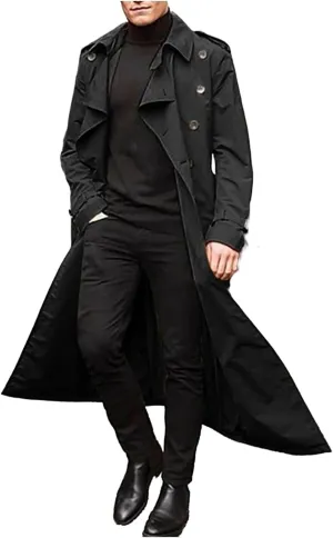Mens Trench Coat Slim Fit Lapel Double Breasted Belted Windbreaker Long Jacket for Windproof Soft Elegant