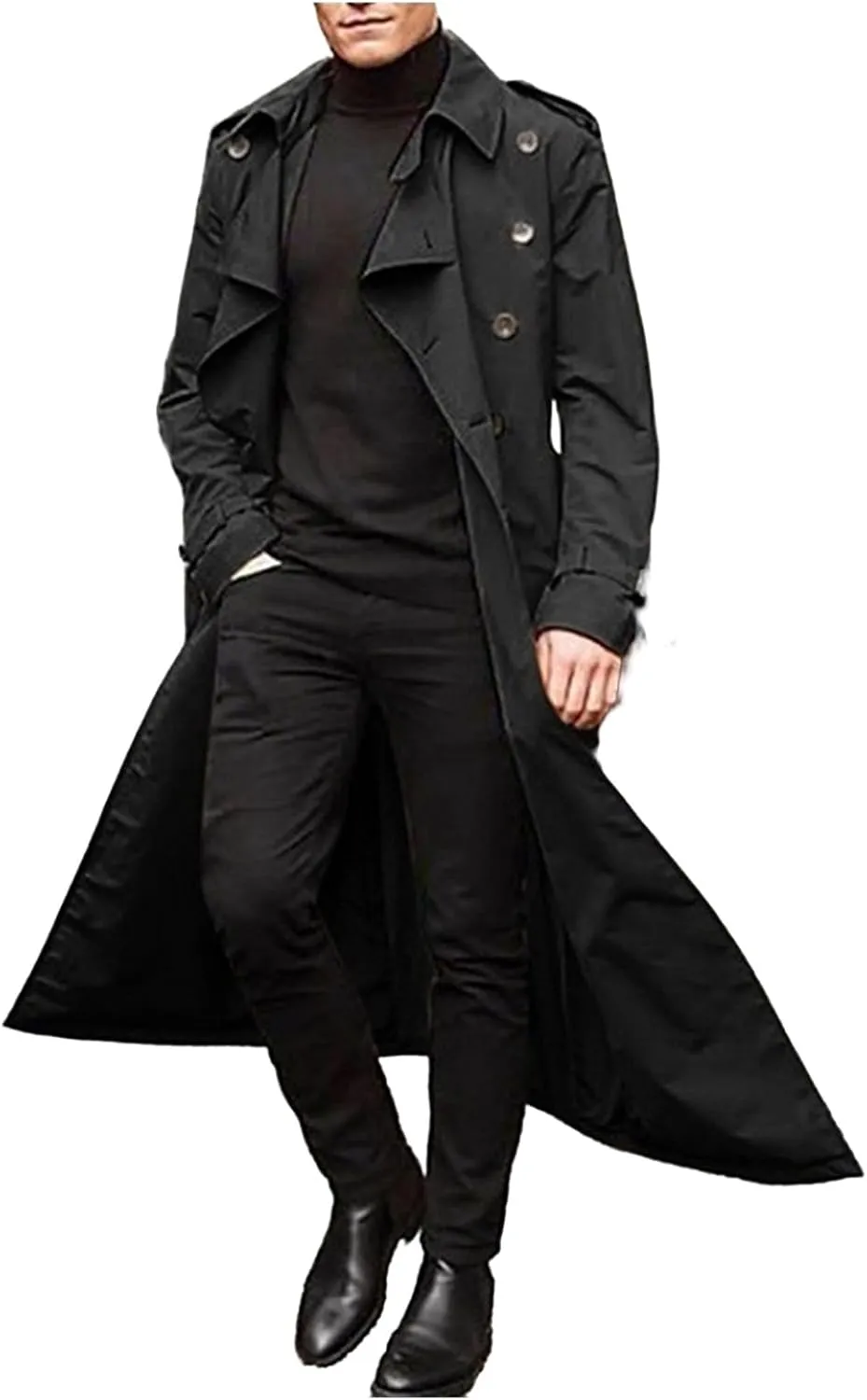Mens Trench Coat Slim Fit Lapel Double Breasted Belted Windbreaker Long Jacket for Windproof Soft Elegant