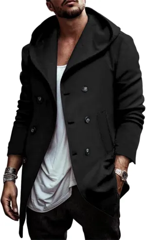 Mens Trench Coat with Hooded Slim Fit Mid Long Jackets Warm Winter Trench Coat Double Breasted Overcoat Windbreaker