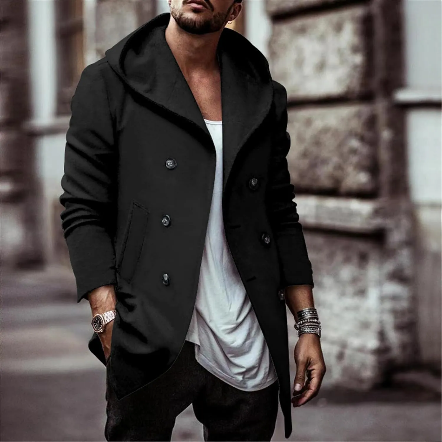 Mens Trench Coat with Hooded Slim Fit Mid Long Jackets Warm Winter Trench Coat Double Breasted Overcoat Windbreaker