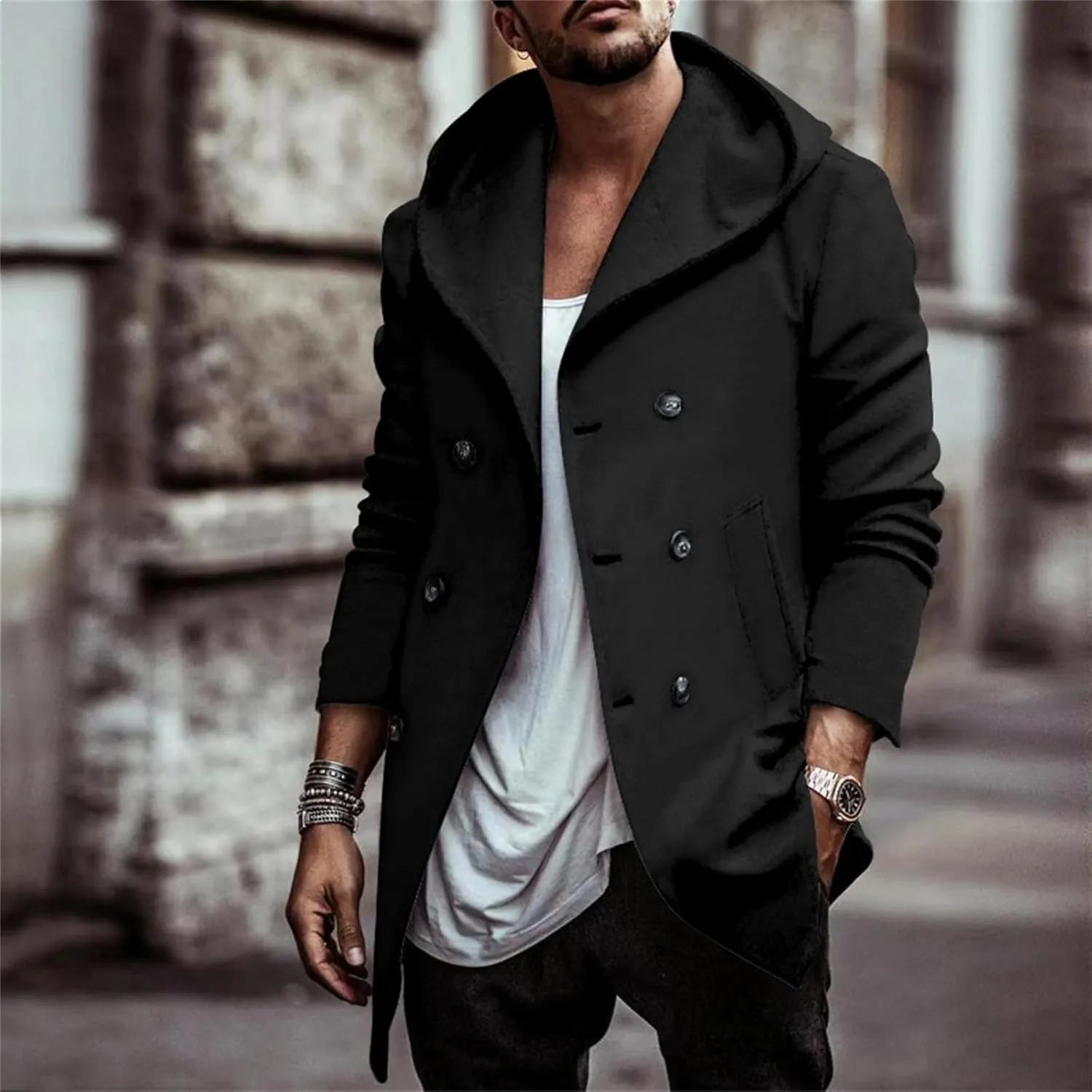 Mens Trench Coat with Hooded Slim Fit Mid Long Jackets Warm Winter Trench Coat Double Breasted Overcoat Windbreaker