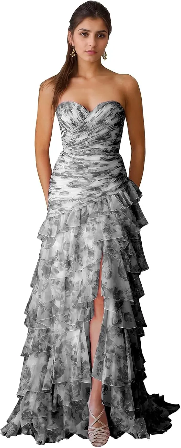 Mermaid Floral Chiffon Prom Dress Tiered Strapless Evening Gown Sweetheart Formal Dress with Slit ZD221