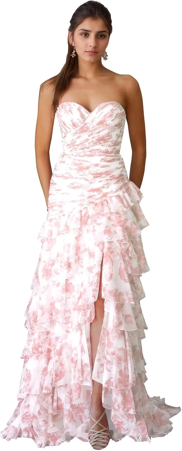 Mermaid Floral Chiffon Prom Dress Tiered Strapless Evening Gown Sweetheart Formal Dress with Slit ZD221