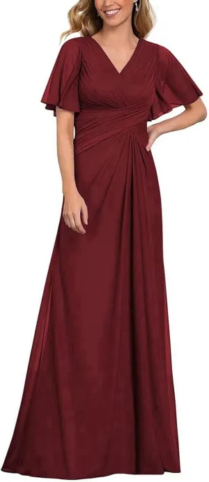 Mother of The Bride Dresses V Neck Ruffle Sleeves Ruched Pleated Chiffon Formal Evening Gowns Party Dress CA10