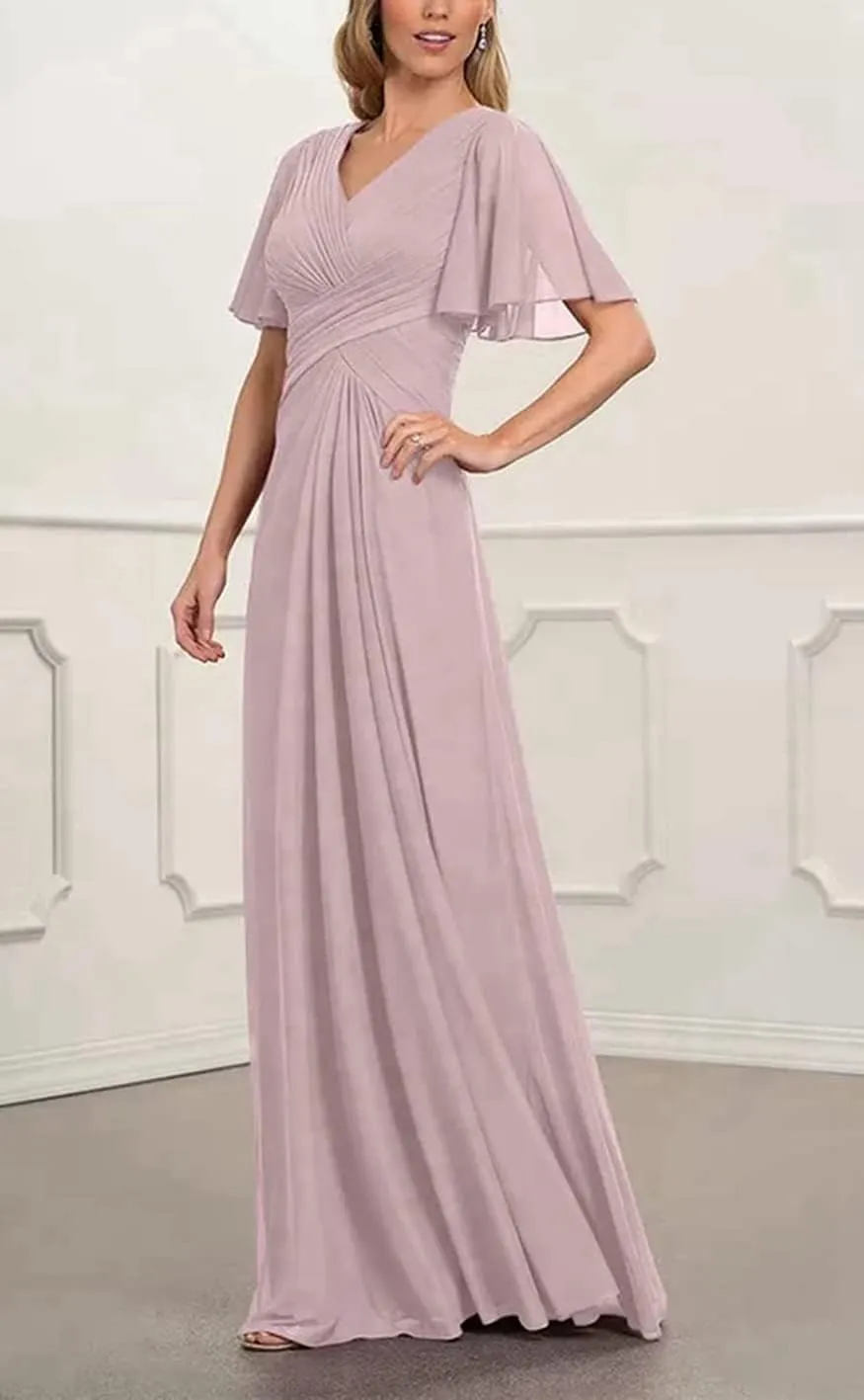Mother of The Bride Dresses V Neck Ruffle Sleeves Ruched Pleated Chiffon Formal Evening Gowns Party Dress CA10