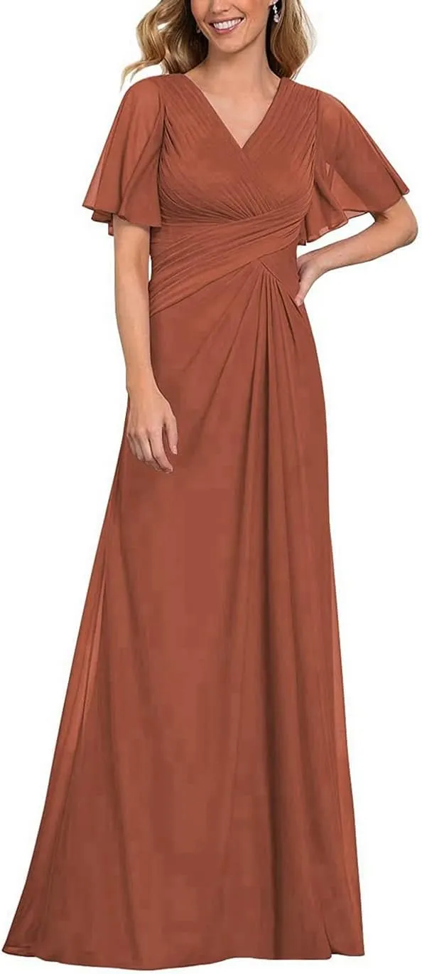 Mother of The Bride Dresses V Neck Ruffle Sleeves Ruched Pleated Chiffon Formal Evening Gowns Party Dress CA10