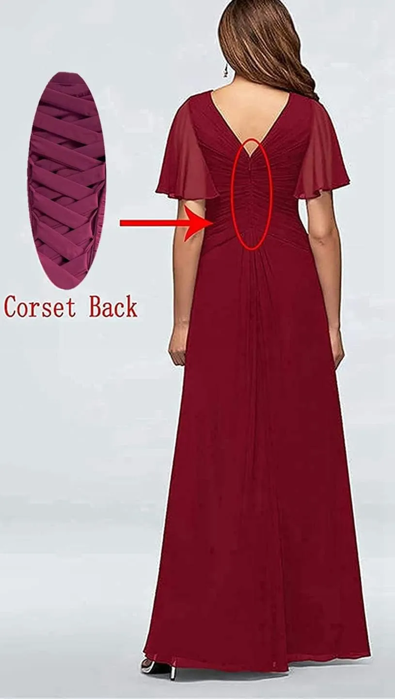 Mother of The Bride Dresses V Neck Ruffle Sleeves Ruched Pleated Chiffon Formal Evening Gowns Party Dress CA10