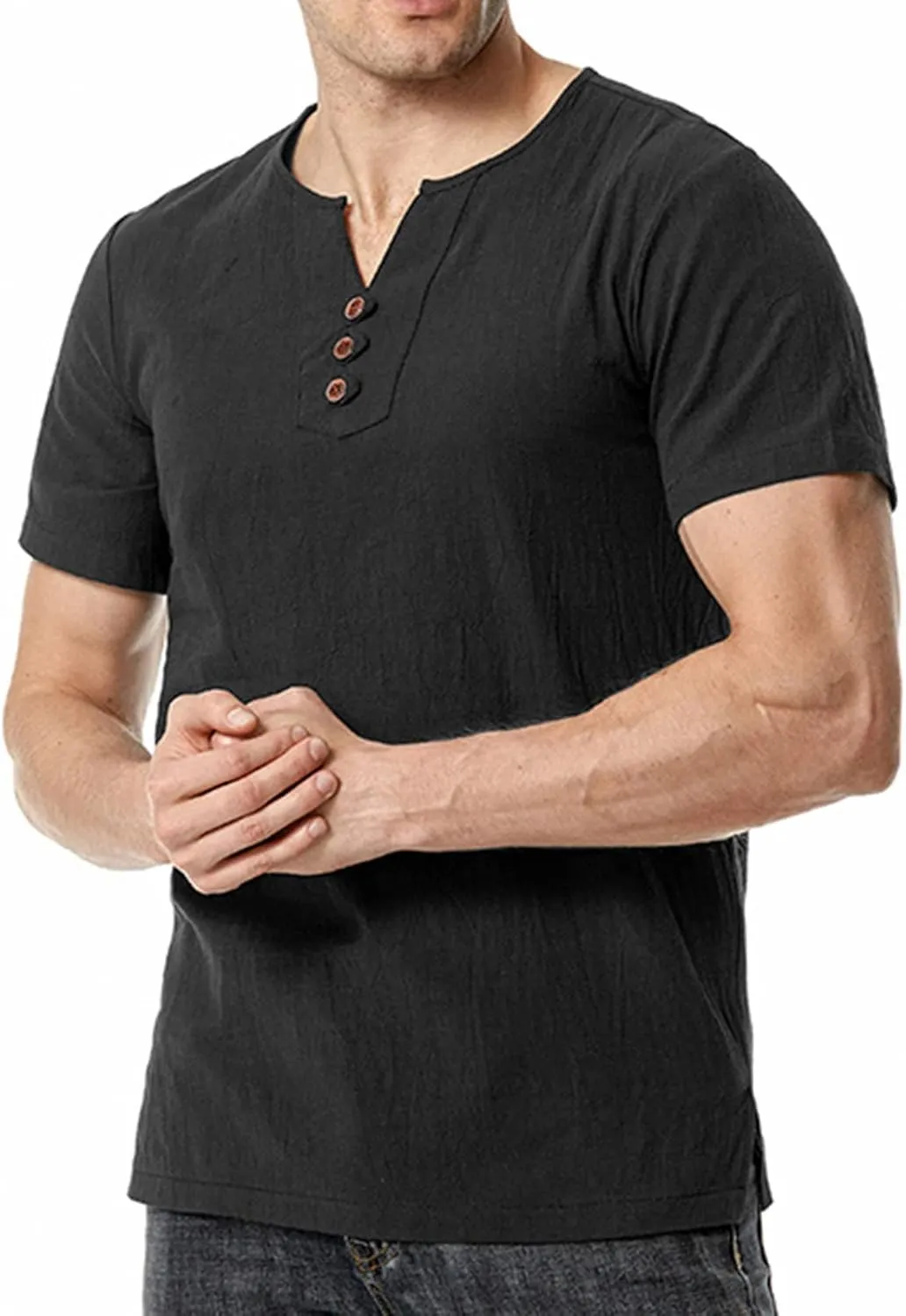 Muscularfit Henley Shirts for Men Short Sleeve Cotton Linen T Shirt Summer Casual Stylish Regular-Fit Chest Pocketed Tees