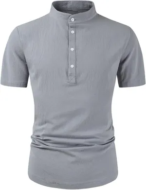 Muscularfit Men's Casual Button-Down Shirts Stylish Short Sleeve Ruched Summer Top Light Weight Cotton Linen Basic Work Shirt